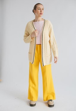 Vintage Boxy Fit Zip Up Cable Knit Yellow Wool Cardigan M