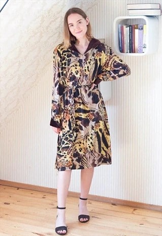 BROWN AND YELLOW ANIMAL PRINT BELTED DRESS