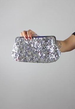 Vintage Y2K Silver Sequin Clutch Bag w Clip Fastening