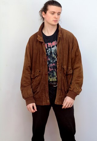 1980'S VINTAGE SUEDE BOMBER JACKET IN BROWN