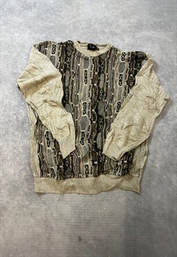 Vintage Abstract Knitted Jumper 3D Patterned Grandad Sweater