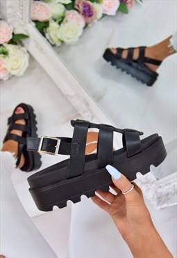 asos design gladiator sandals in black leather with chunky sole