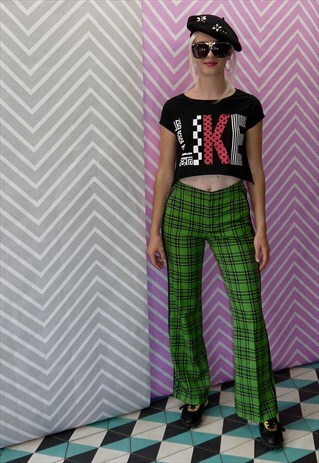 GREEN TARTAN CHECK BOOT CUT FLARED JEANS TROUSERS