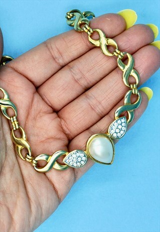 80S FAUX PEARL GOLD NECKLACE GLAM BLING VINTAGE JEWELLERY