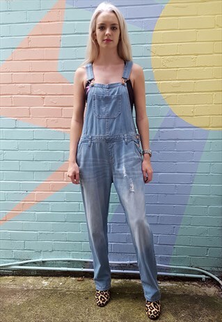 PALE FADED DENIM ALL-IN-ONE DUNGAREES OVERALLS WITH FRAYS