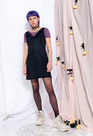 VINTAGE SLIP DRESS 70S BLACK LACE FESTIVAL SUMMER CAMI