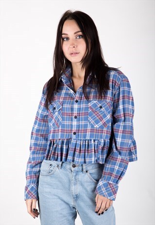 REWORKED VINTAGE CROPPED PLAID SHIRT WITH PEPLUM