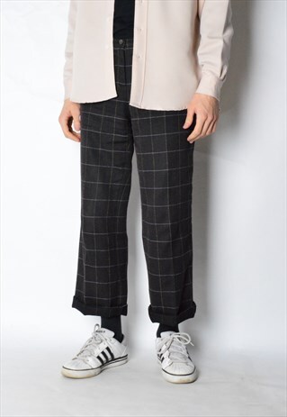 VINTAGE 90S UNISEX DARK GREY CHECK WOOL BLEND PANTS