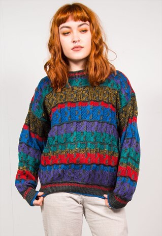 VINTAGE 90'S MULTICOLOUR STRIPED PATTERN KNIT JUMPER