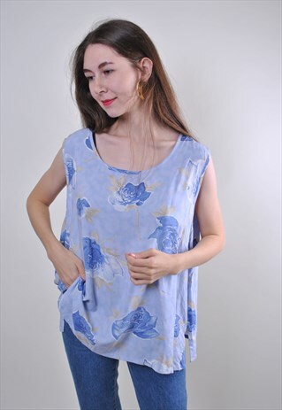 BLUE WOMAN VINTAGE FLOWERS PRINT TANK TOP