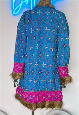 Afghan Faux Fur Sequin Coat Party Christmas Blue