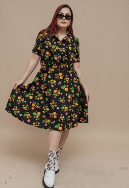 Vintage 60s Short Sleeve Ditsy Floral Button Up Midi Dress S