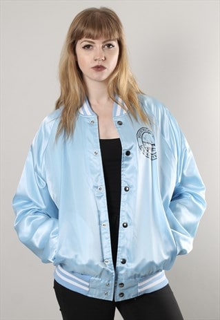 VINTAGE 80S BLUE SATIN OVERSIZE BASEBALL BOMBER JACKET