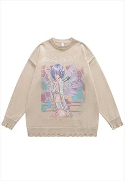 Anime girl sweater Manga knit distressed Kawaii jumper beige