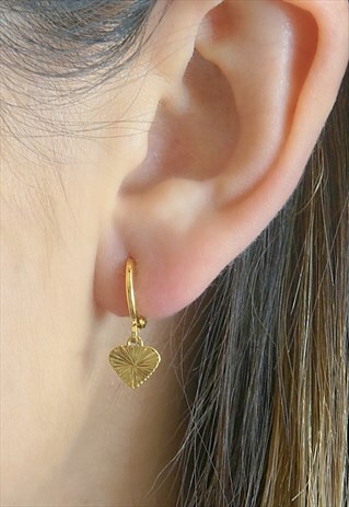 24K GOLD PLATED HEART CHARM HUGGIE HOOPS