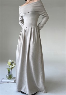 Grey off the shoulder Long Sleeve knitted Dress Knitwear 