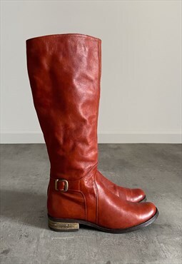 Vintage real leather red biker boots with buckle