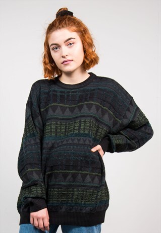 VINTAGE 90'S GREEN PATTERNED GRUNGE KNIT JUMPER