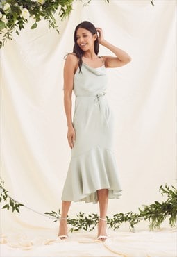 Sophia Cowl Neck Fishtail Satin Midi Dress - Sage Green