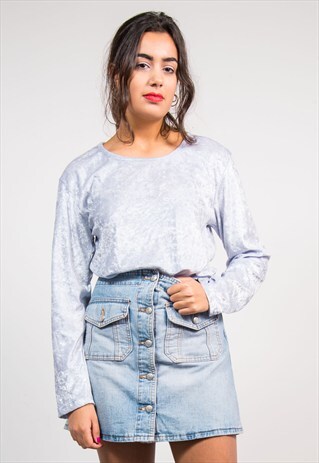 90'S Y2K VINTAGE SILVER CRUSHED VELVET TOP