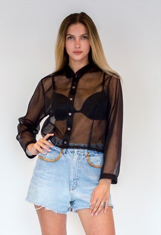 VINTAGE RETRO BLACK CROP SEE-THROUGH SHIRT