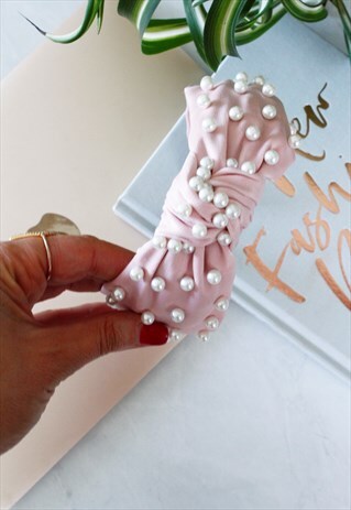 LIGHT PINK VELVET PEARL TOP KNOT ALICE HEAD BAND