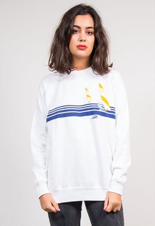 VINTAGE 80'S WHITE BEACH SCENE SWEATSHIRT JUMPER