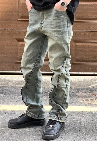 BLUE WASHED ZIP DETAILS CARGO DENIM JEANS PANTS TROUSERS