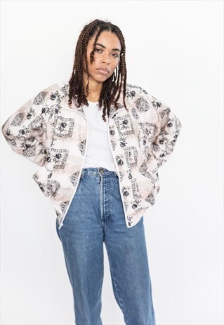 VINTAGE 90S LIGHT FLOWER STAMP PRINT BOMBER JACKET