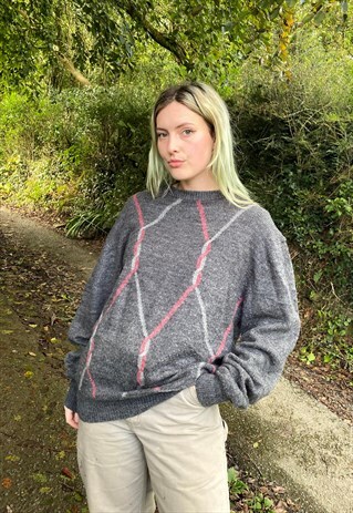 Vintage Grandad Knitted Patterned size XL Jumper Grey