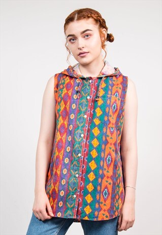 VINTAGE 90'S BRIGHT HIPPIE HOODED AZTEC SHIRT