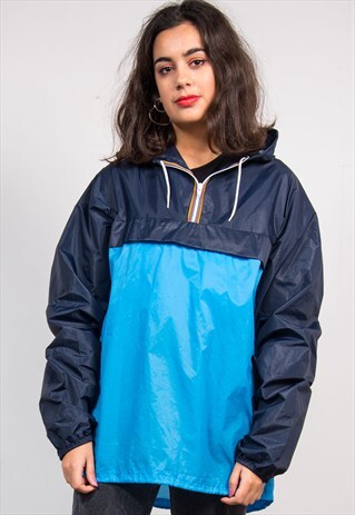 90'S BLUE COLOURBLOCK HOODED CAGOULE JACKET COAT