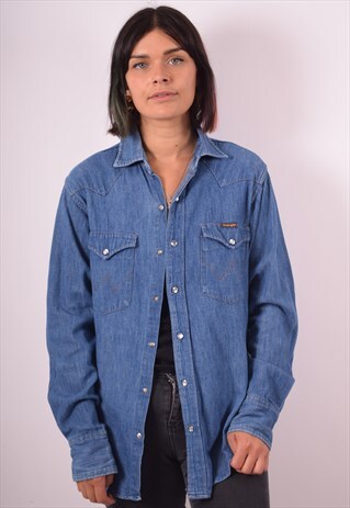 WRANGLER WOMENS VINTAGE DENIM SHIRT MEDIUM BLUE 90S