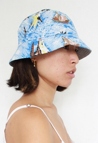 Y2K BLUE BEACH SEA PRINT BUCKET HAT