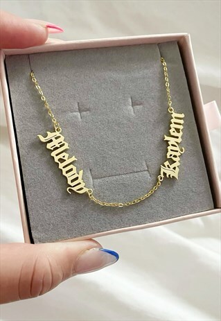 PERSONALISED OLD ENGLISH LETTER 2 NAMES NECKLACE - GOLD