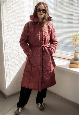 Vintage 80's Red Puffer Belted Hooded Coat