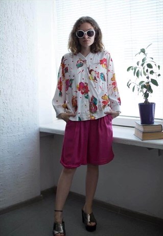 VINTAGE 80'S WHITE FLOWER PRINT VISCOSE BOMBER TOP
