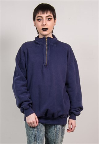 VINTAGE 90'S NAVY BLUE QUARTER ZIP OVERSIZED SWEATSHIRT