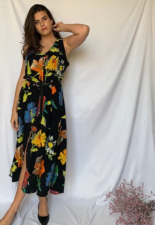 VINTAGE 90S BLACK LONG DRESS WITH FLORAL PRINT
