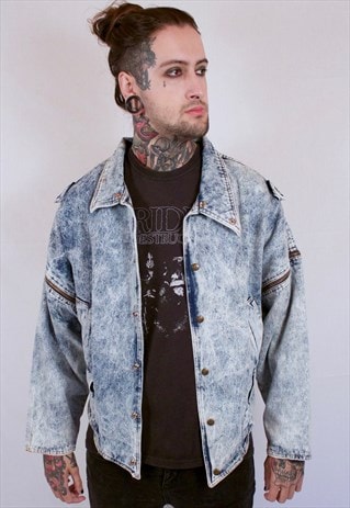 VINTAGE GUESS ACID WASH DENIM JACKET WITH DETACHABLE SLEEVES