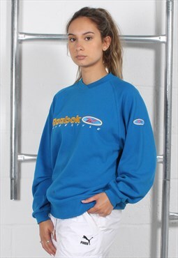 Vintage Reebok Sweatshirt in Blue w Spell Out Logo Size 10