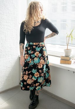 Vintage 70's Black A Line Velvet Floral Print Midi Skirt