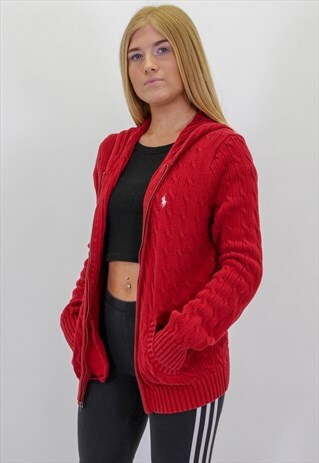 VINTAGE RALPH LAUREN ZIP UP CABLE KNIT HOODIE SWEATER IN RED