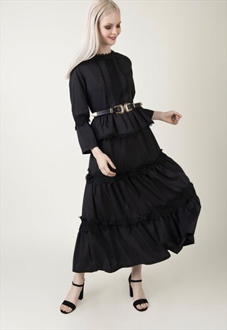 AVA - BLACK ELEGANT MAXI LONG SLEEVE TIERED WOMAN DRESS