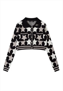 Cropped sweater star print zip up jumper preppy top in black