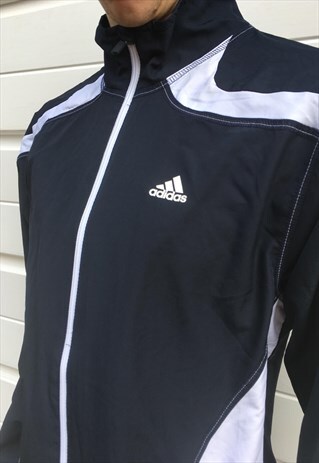 MENS ADIDAS JACKET WHITE BLUE 3 STRIPE ZIPPER FESTIVAL COAT