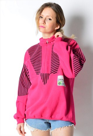 VINTAGE 80S PINK STRIPED 1/2 ZIPPER SWEATSHIRT