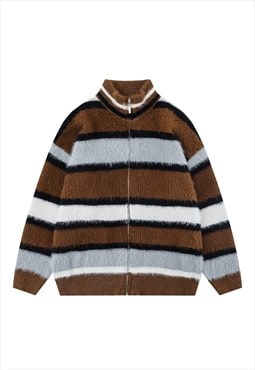 Fluffy track top striped zip up jumper raised neck pullover 