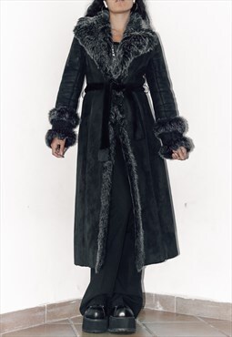 Vintage Y2k Belted Black Long Fluffy Faux Fur Afghan Coat