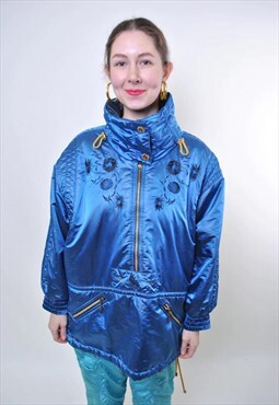 Blue vintage ski suit, women flowers snow suit anorak